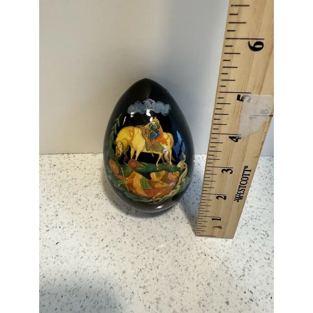 Vintage Russian Hand painted Lacquer Wooden Egg Fairytale Scene Signed 4